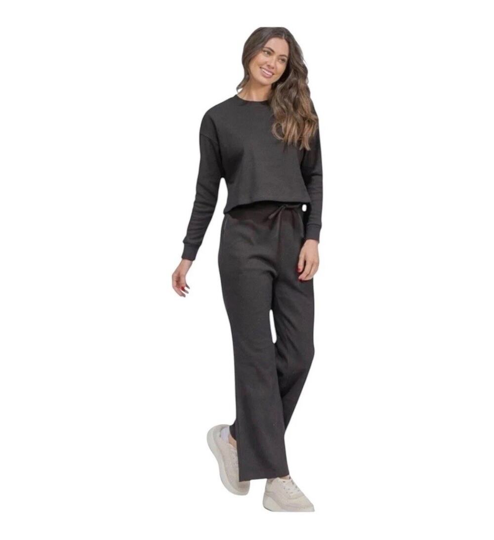 Leia & Co NWT Black Ribbed Oversized Loungewear Set Small Wide Leg Pants